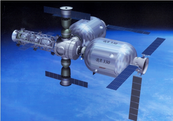 Artist impression of a Bigelow inflatable space station with two Soyuz-class Russian capsules docked.