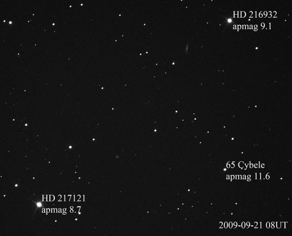 Asteroid 65 Cybele and 2 stars with their magnitudes labeled