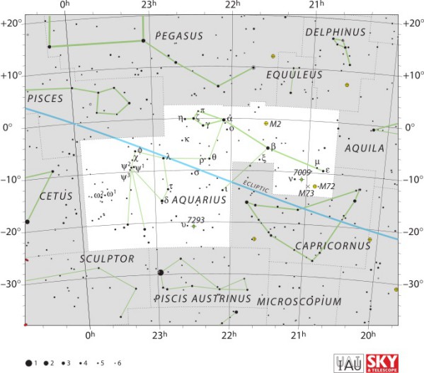 Aquarius constellation map. Image credit: IAU and Sky & Telescope magazine. License: CC BY 3.0.